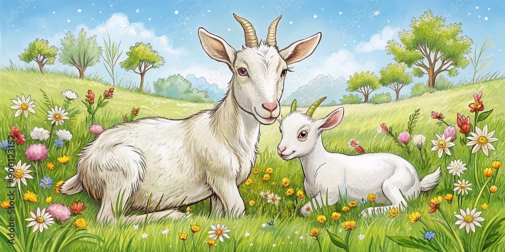Fototapeta premium Adorable baby goat nestles beside its mother as they graze peacefully in a lush green meadow, surrounded by vibrant wildflowers and serene countryside scenery.