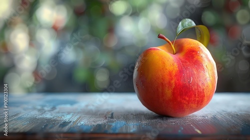 a red apple with a leaf on a table