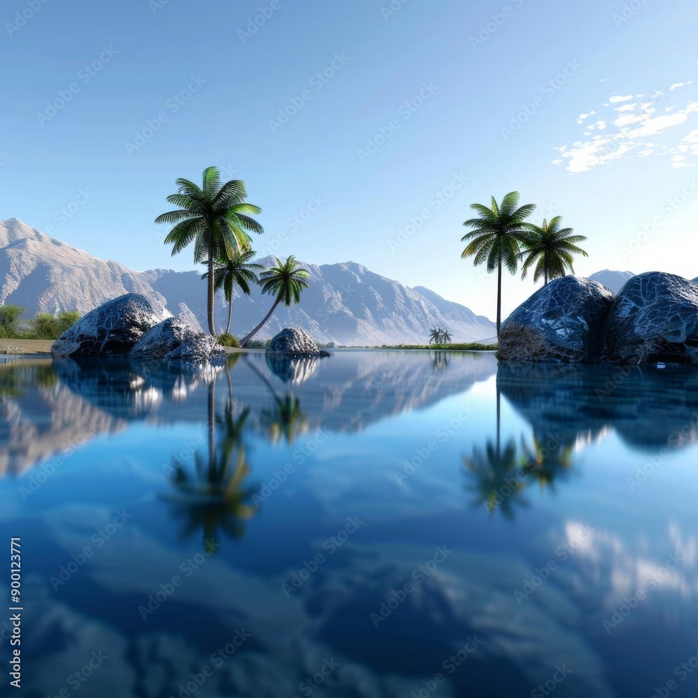 Tranquil scene with palm trees reflected in a serene lake. Mountain backdrop adds depth to the image. Perfect for travel and relaxation themes.