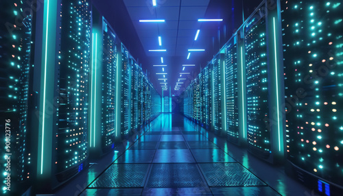 A Glimpse Into A Futuristic Server Room With Bright Blue Lights And Rows Of Servers photo