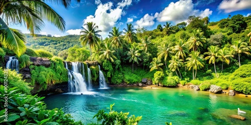 Fototapeta Naklejka Na Ścianę i Meble -  Tropical paradise with lush green landscapes, cascading waterfalls, and stunning beaches, Kauai, Hawaii, tropical, paradise