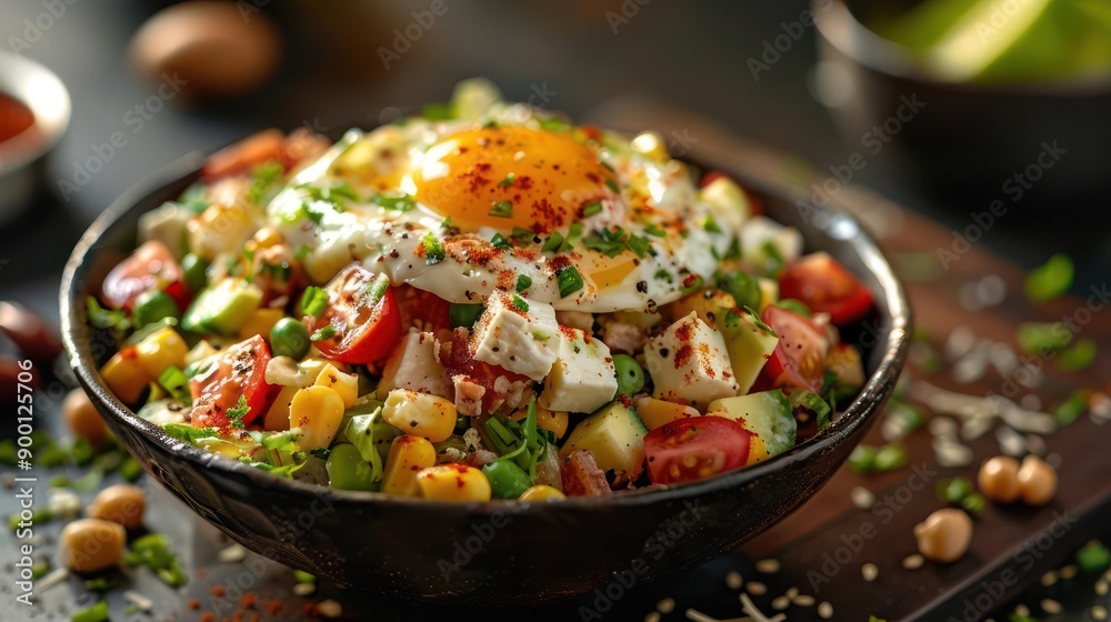 a bowl of food with a fried egg on top a bowl of food with a fried egg on top
