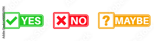 Set collections yes no maybe icon sign. Green check mark, red cross and yellow question mark labels design template Vector illustration
