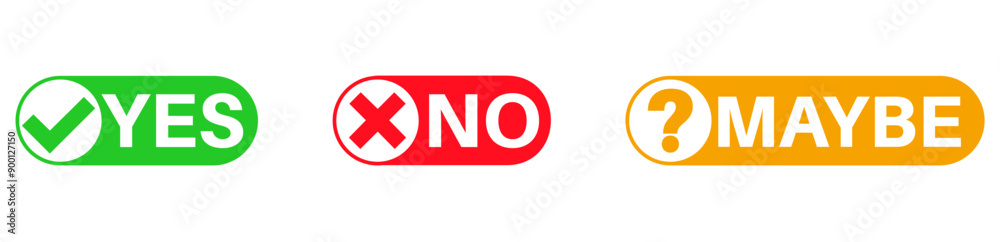 Set collections yes no maybe icon sign. Green check mark, red cross and yellow question mark labels design template Vector illustration Set collections yes no maybe icon sign. Green check mark, red cross and yellow question mark labels design template Vector illustration