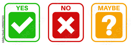Set collections yes no maybe icon sign. Green check mark, red cross and yellow question mark labels design template Vector illustration