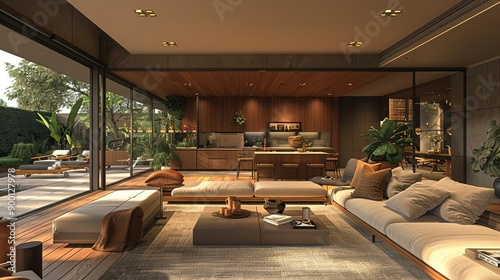Modern Living Room with Large Windows and Outdoor Patio - 3D Illustration © Vikarest