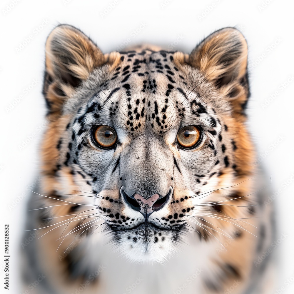 Obraz premium Close-up portrait of a majestic snow leopard, showcasing its unique fur patterns and striking eyes against a soft background.