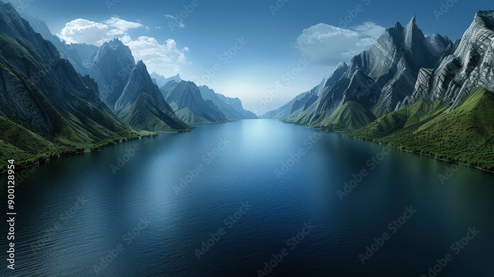 Naklejka premium Stunning landscape featuring tranquil river, majestic mountains, and clear skies, perfect for nature and travel themes.