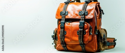 Stylish orange leather backpack with multiple compartments, perfect for travel or daily use.