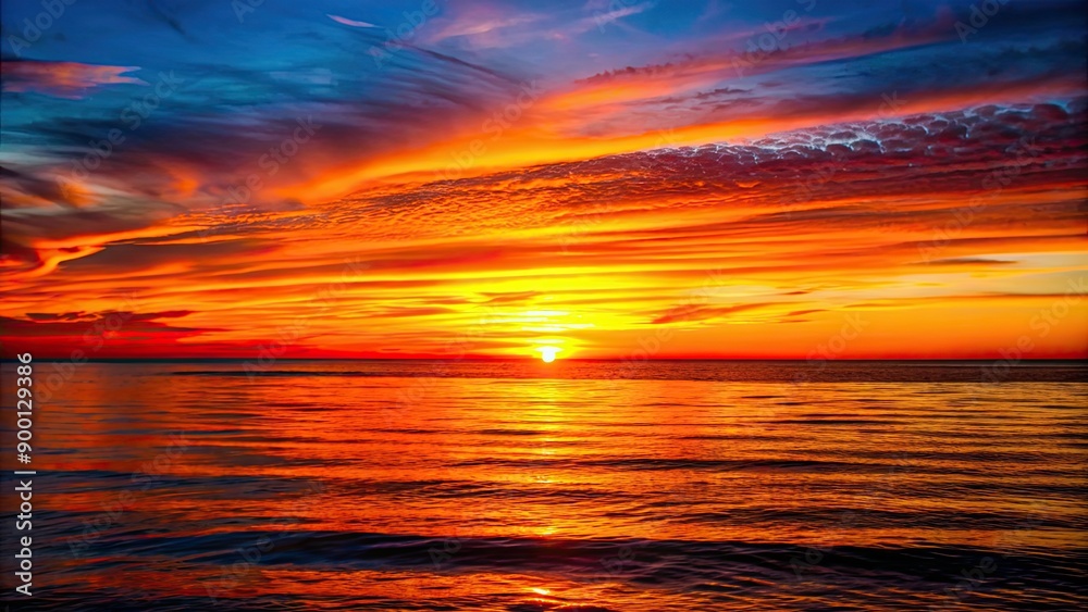 Vibrant sunset casting warm hues over calm sea with silhouetted horizon, sunset, sea, ocean, horizon, sky, clouds, reflection Vibrant sunset casting warm hues over calm sea with silhouetted horizon, sunset, sea, ocean, horizon, sky, clouds, reflection
