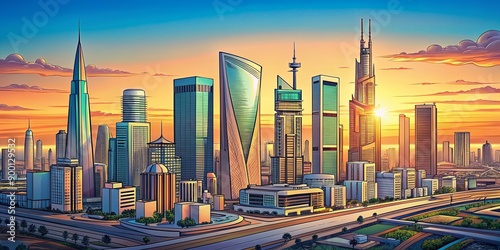 Panoramic view of futuristic Riyadh cityscape at sunset with sleek skyscrapers, modern architecture, and bustling city lights reflecting Saudi Arabia's 2030 vision.