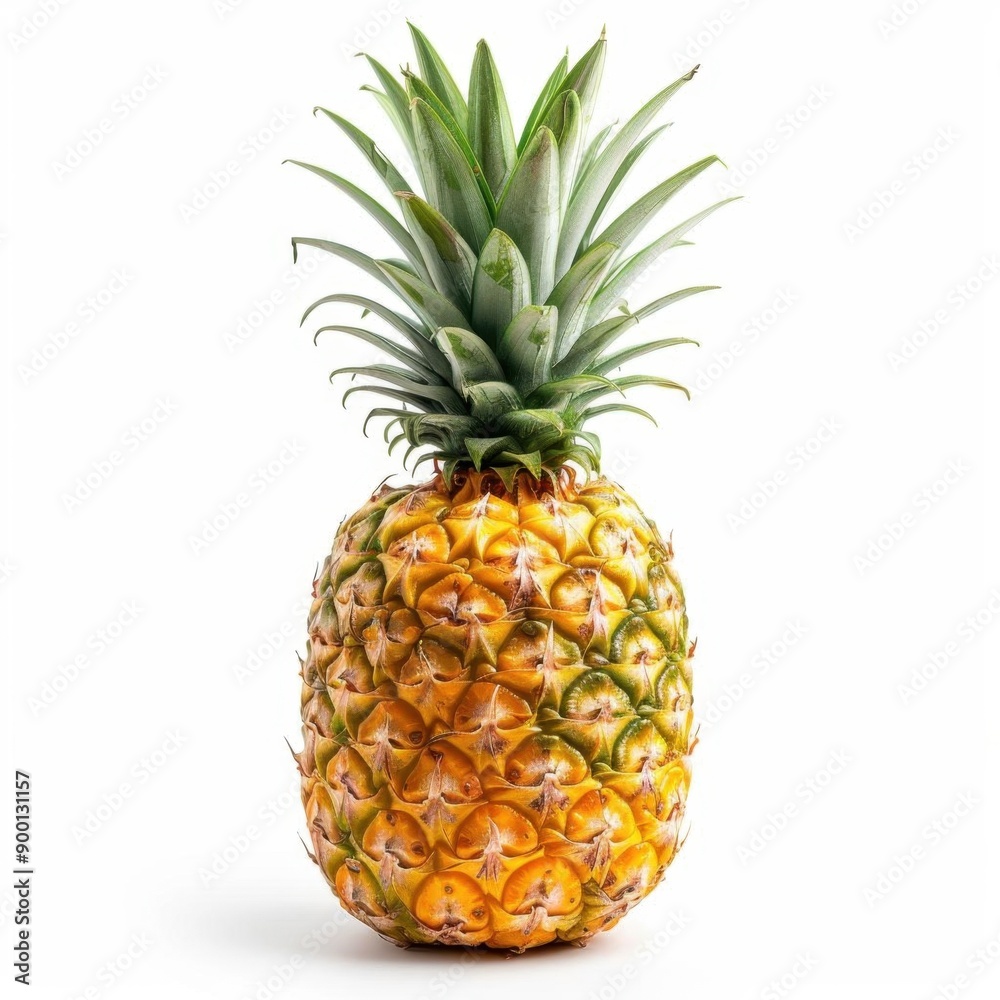 Fototapeta premium Photo of a pineapple on a white background. The pineapple is ripe and juicy, with a sweet and tangy flavor. It is perfect for eating fresh, juicing, or adding to recipes.