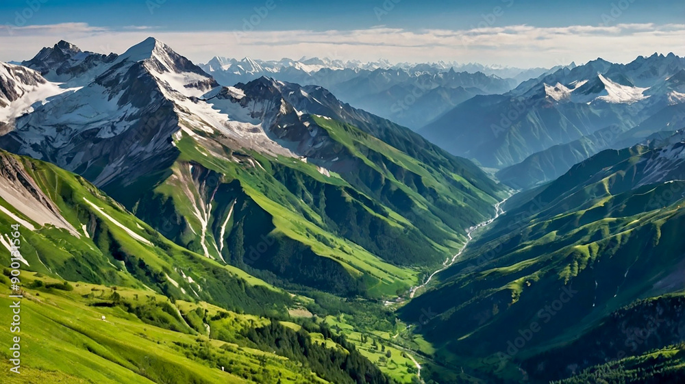 A majestic mountain range with snowcapped peaks and lush green valleys stretching endlessly