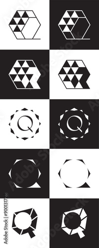 Letter Q Sparkling Crystal Different Forms Vector Logo Art
