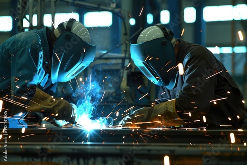 Welding Teamwork: Two skilled welders collaborate intensely, sparks flying as they expertly weld a metal piece in an industrial setting. The image captures the precision, skill.