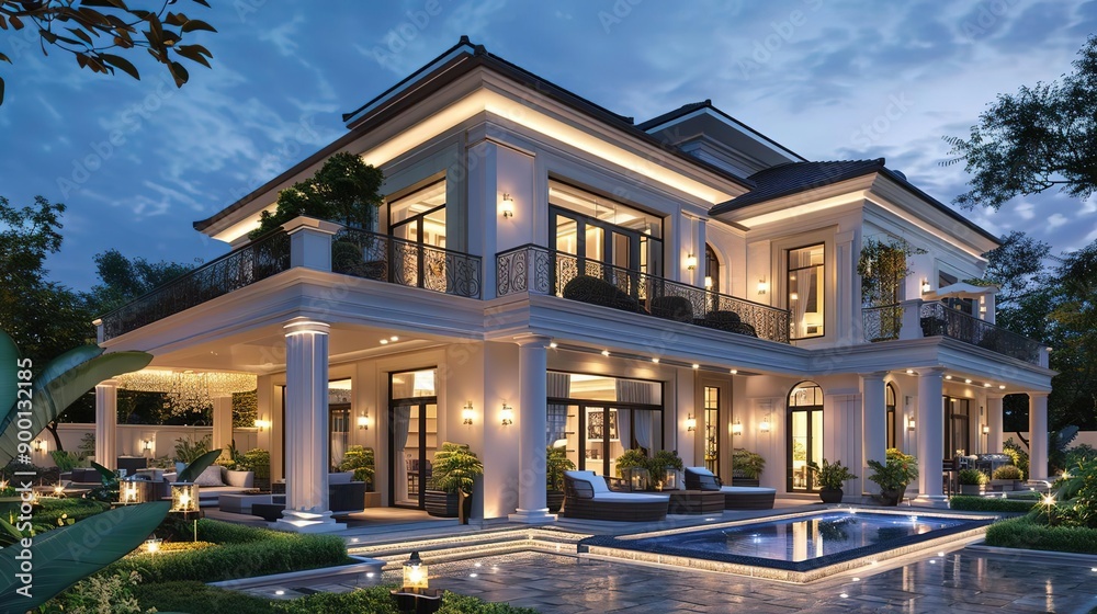 Fototapeta premium Luxury Modern Home Exterior with Pool and Landscaping 3D Illustration