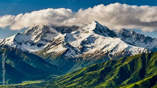 A majestic mountain range with snowcapped peaks and lush green valleys stretching endlessly