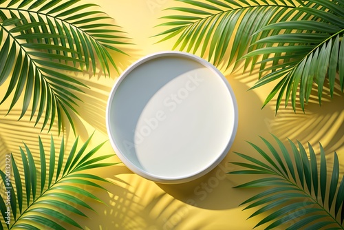 Empty cylindrical frame for displaying products and models, with shadows of palm leaves against a summer background.
