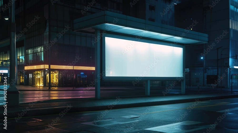 Nighttime urban scene with an empty, lit billboard ready for mockup, its illumination contrasting with the dark surroundings Nighttime urban scene with an empty, lit billboard ready for mockup, its illumination contrasting with the dark surroundings