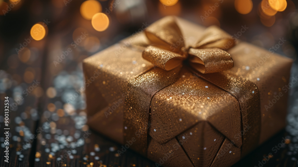 Golden gift box with ribbon and bow Golden gift box with ribbon and bow