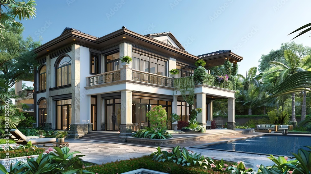 Modern Luxury Villa with Swimming Pool and Lush Greenery 3D Illustration Modern Luxury Villa with Swimming Pool and Lush Greenery 3D Illustration