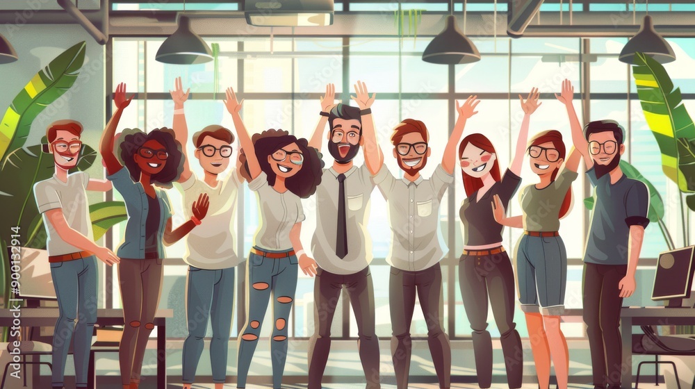 Fototapeta premium Group of coworkers high-fiving each other after a successful presentation in a modern office. Cartoon illustrations vectors