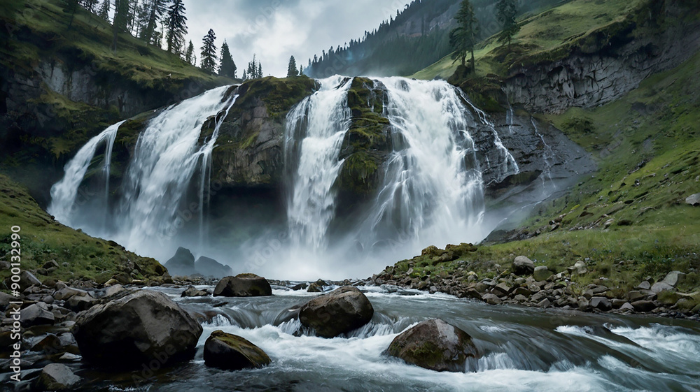 Obraz premium A majestic mountain range with snowcapped peaks and lush green valleys stretching endlessly
