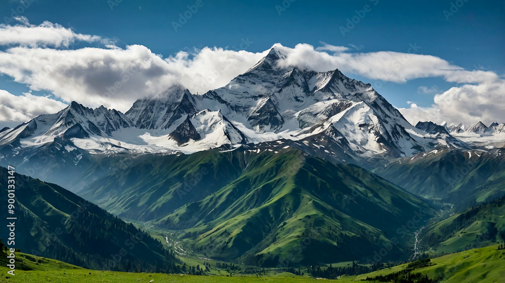 A majestic mountain range with snowcapped peaks and lush green valleys stretching endlessly A majestic mountain range with snowcapped peaks and lush green valleys stretching endlessly