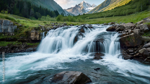 A majestic mountain range with snowcapped peaks and lush green valleys stretching endlessly