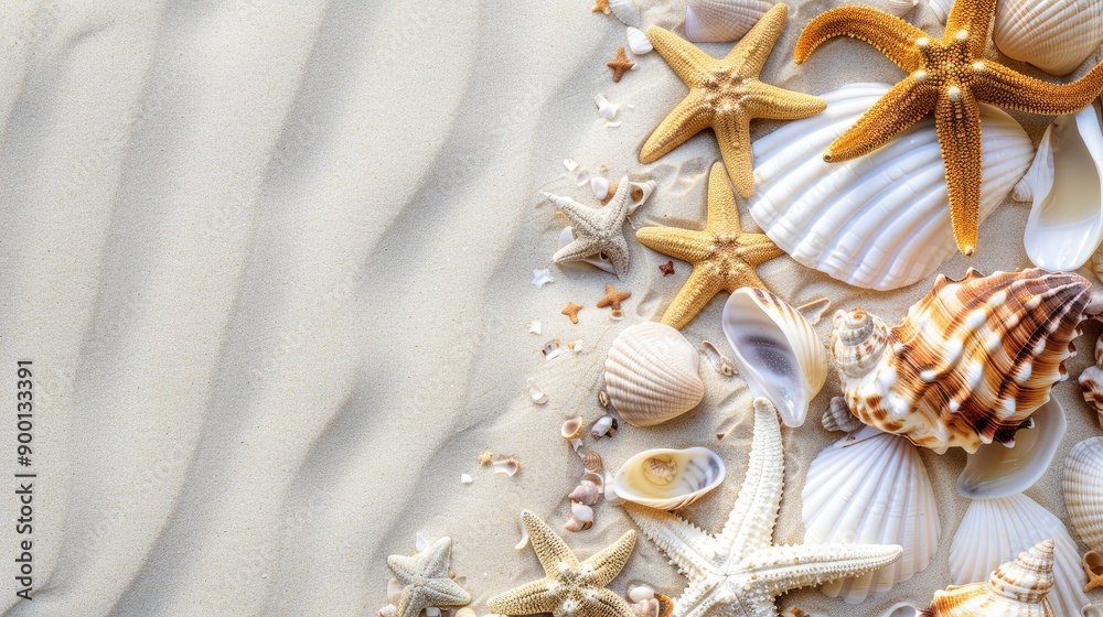 Seashells and starfish on white sandy beach with space for text aerial view Concept of summer vacation Seashells and starfish on white sandy beach with space for text aerial view Concept of summer vacation