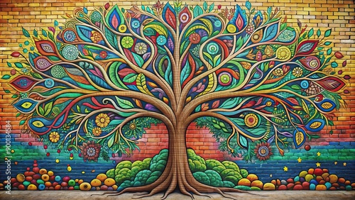 Street graffiti tree of life with vibrant colors and intricate designs, urban, art, vibrant, graffiti, tree, life, street