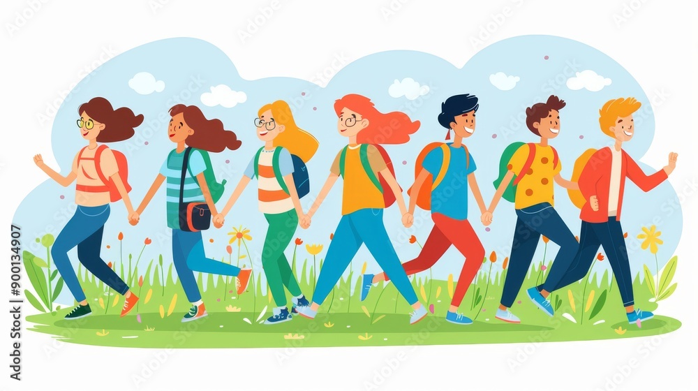 Fototapeta premium Employees participating in a team-building exercise outdoors, enjoying activities and bonding. Cartoon illustrations vectors