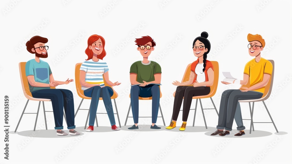 Team members sitting in a circle during a casual meeting, sharing feedback and ideas openly. Cartoon illustrations vectors Team members sitting in a circle during a casual meeting, sharing feedback and ideas openly. Cartoon illustrations vectors