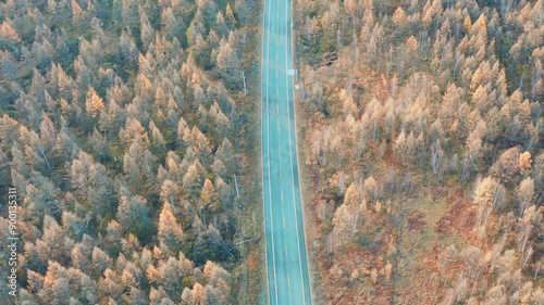 Aerial photography of the autumn scenery of the road in Chaihe Moon Town, Arxan photo