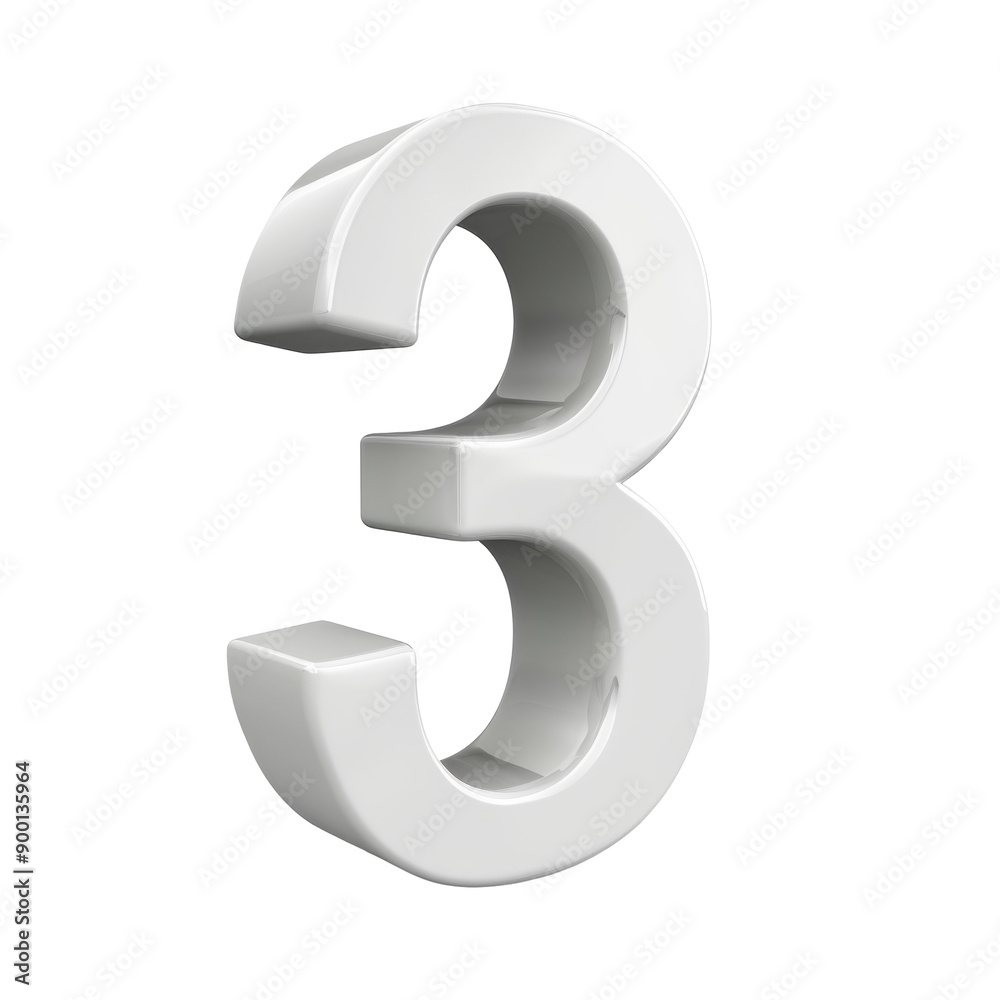 Futuristic White 3D Number Three Symbol on transparent Background