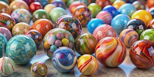 Colorful marble balls in various sizes and patterns , marbles, spheres, vibrant, shiny, round, game, play, collection