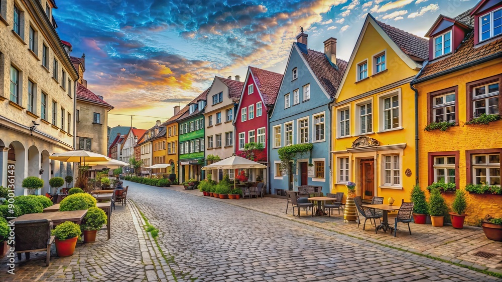Obraz premium Old town with cobblestone streets, historic buildings, cafes, and colorful houses, historic, architecture, cobblestone