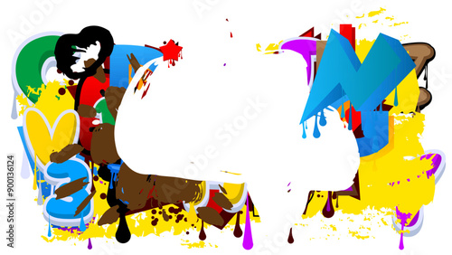 Graffiti speech bubble on colorful background. White abstract modern Messaging sign street art decoration, Discussion icon performed in urban painting style.