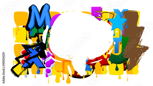 Graffiti speech bubble on colorful background. White abstract modern Messaging sign street art decoration, Discussion icon performed in urban painting style.