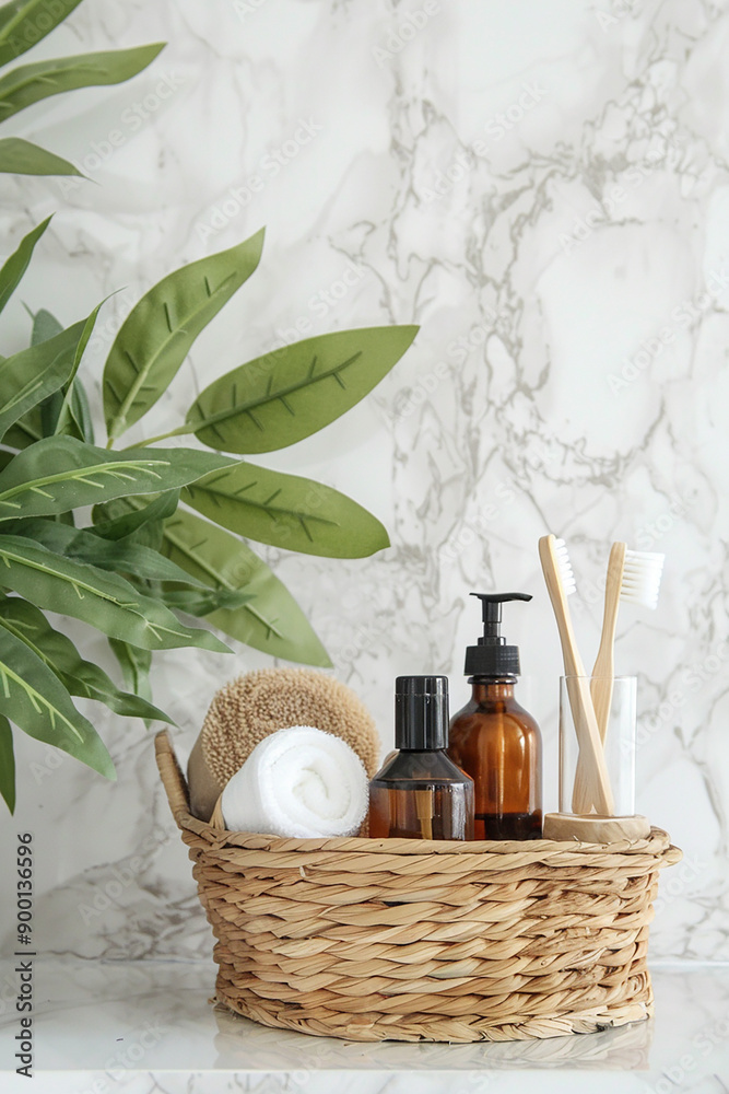 A wicker basket filled with bathroom essentials like towels, brushes, and bottles, set against a marble background for a fresh and clean look. A wicker basket filled with bathroom essentials like towels, brushes, and bottles, set against a marble background for a fresh and clean look.