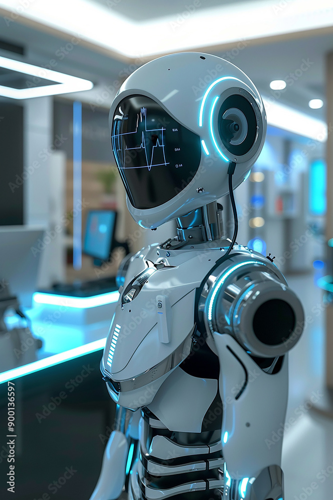 A futuristic robot with a sleek design standing in a modern tech environment, showcasing advanced technology. A futuristic robot with a sleek design standing in a modern tech environment, showcasing advanced technology.