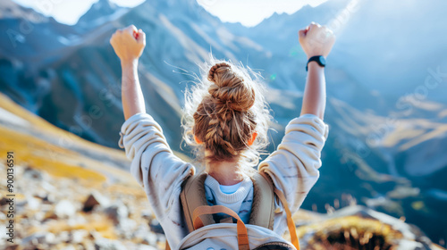 Woman celebrating triumph on a mountain hike