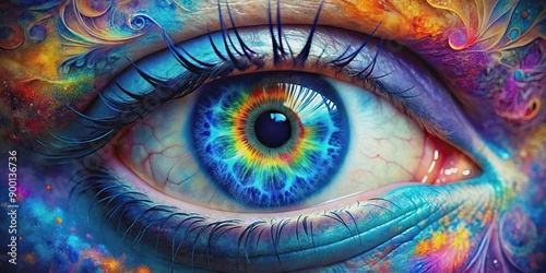 Beautiful blue eye with abstract psychedelic colorful details, eye, blue, beautiful, abstract, psychedelic, colorful, detail