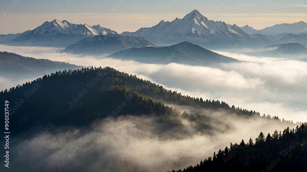 A majestic mountain range with snowcapped peaks and lush green valleys stretching endlessly A majestic mountain range with snowcapped peaks and lush green valleys stretching endlessly