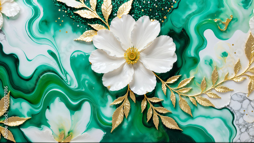 Flower marble texture with abstract green, white, glitter and gold background alcohol ink color.	Flowers Ink Alcohol
