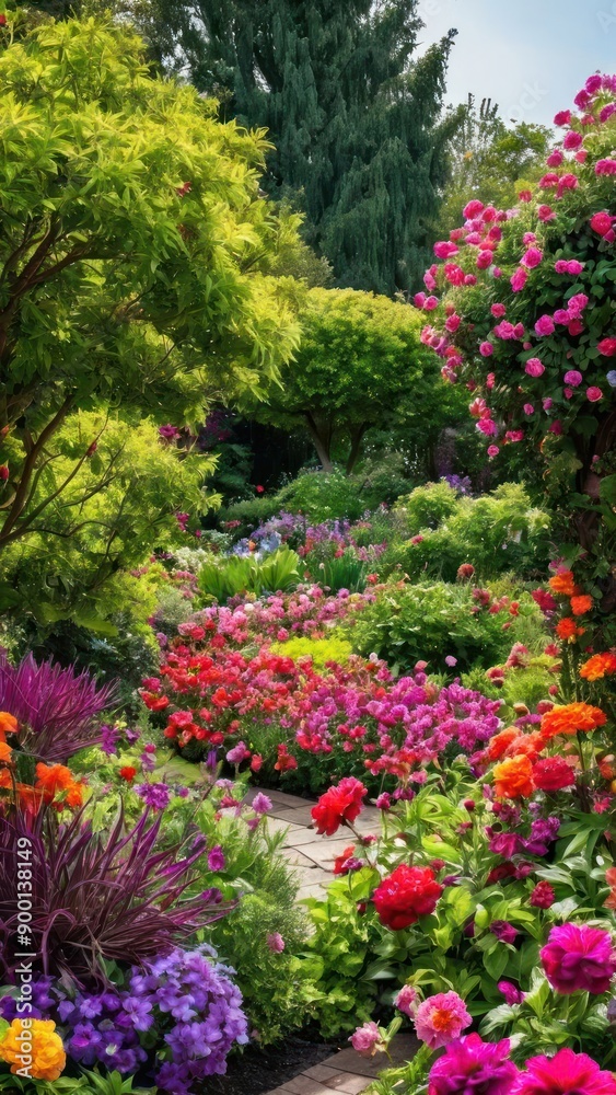 a close up of a garden with lots of flowers and trees a close up of a garden with lots of flowers and trees