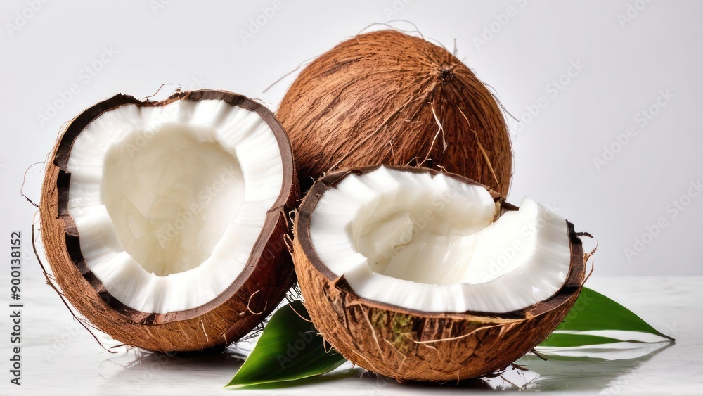 two halves of coconuts with leaves on a table two halves of coconuts with leaves on a table