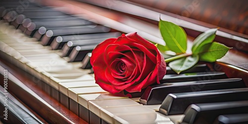Fototapeta Naklejka Na Ścianę i Meble -  Red rose resting delicately on piano keys , red, rose, flower, piano, keys, music, romantic, symbol, love, passion, petals