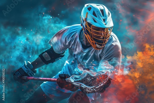 Lacrosse Player in Action with Smoke and Dust photo