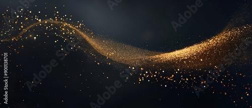 Photorealistic shiny gold glitter dust curve abstract design element on dark background for Christmas greeting card